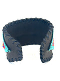 Unisex Leather Beaded Wide Cuff Bracelet / Bead Work, Eagle Design