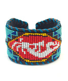 Unisex Leather Beaded Wide Cuff Bracelet / Kokopeli Bead Work Design