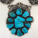 Vintage Huge Navajo Sterling Silver Turquoise Squash Blossom Necklace (N002)
