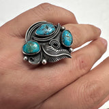 Vintage Navajo  Sterling Silver Turquoise Statement Ring, Signed MS, Size 6 (R150)