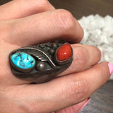 Size 10.25 Old Pawn Navajo 2 Stone Natural Coral & Turquoise Sterling Men's Ring #A007