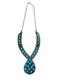 Vintage Navajo Turquoise Cluster Sterling Silver Necklace, Turquoise Teardrop Center Necklace, 71 Grams (N036)
