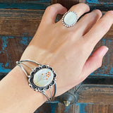 Native American Sterling & Mother of Pearl Inlay Cuff Bracelet, 37 Grams, Southwestern Jewelry B016