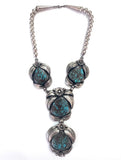 Vintage Native American Sterling Silver & Bisbee Turquoise Detailed Squash Blossom Choker Necklace
