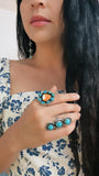Sz 6, Vintage Navajo Southwestern Sterling Silver & Turquoise 3 Stone Ring (A009)