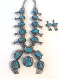 Large Vintage Navajo Turquoise Sterling Silver Squash Blossom Necklace and Matching Earrings, 295 Grams