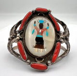 Vintage Kachina Sterling Silver Cuff Bracelet, Multi Stone Inlay, Signed Ivan V