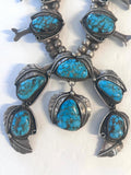 Large Vintage Navajo Turquoise Sterling Silver Squash Blossom Necklace and Matching Earrings, 295 Grams