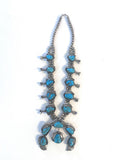 Large Vintage Navajo Turquoise Sterling Silver Squash Blossom Necklace and Matching Earrings, 295 Grams