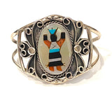 Vintage Sterling Silver Kachina Dancer Cuff Bracelet, Mother of Pearl Inlay