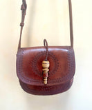 Vintage Boho Hand Tooled Leather Crossbody Bag/ Adjustable Strap