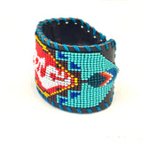 Unisex Leather Beaded Wide Cuff Bracelet / Kokopeli Bead Work Design