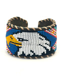 Unisex Leather Beaded Wide Cuff Bracelet / Bead Work, Eagle Design