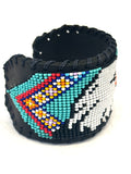 Unisex Leather Beaded Wide Cuff Bracelet / Bead Work, Eagle Design