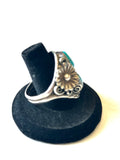 Size 14 Vintage Men's Native American Sterling Silver Turquoise Ring, Signed, Shadowbox Ring