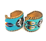 Unisex Leather Beaded Wide Cuff Bracelet / Bead Work, Fox Design