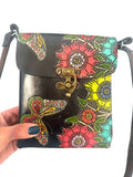 Mexican Hand Tooled Leather Crossbody Bag/ Adjustable Strap