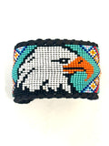 Unisex Leather Beaded Wide Cuff Bracelet / Bead Work, Eagle Design