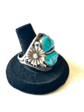 Size 14 Vintage Men's Native American Sterling Silver Turquoise Ring, Signed, Shadowbox Ring