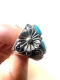 Size 14 Vintage Men's Native American Sterling Silver Turquoise Ring, Signed, Shadowbox Ring
