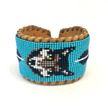 Unisex Leather Beaded Wide Cuff Bracelet / Bead Work, Fox Design