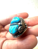 Size 14 Vintage Men's Native American Sterling Silver Turquoise Ring, Signed, Shadowbox Ring