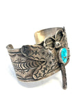 Navajo Bobby Johnson Heavy Sterling Silver & Turquoise Cuff Bracelet, Dragonfly Design