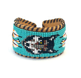Unisex Leather Beaded Wide Cuff Bracelet / Bead Work, Fox Design