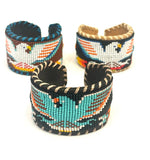 Unisex Leather Beaded Wide Cuff Bracelet / Bead Work, Eagle Design