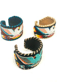 Unisex Leather Beaded Wide Cuff Bracelet / Bead Work, Eagle Design