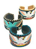 Unisex Leather Beaded Wide Cuff Bracelet / Bead Work, Eagle Design