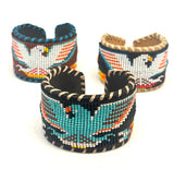 Unisex Leather Beaded Wide Cuff Bracelet / Bead Work, Eagle Design