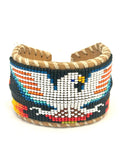 Unisex Leather Beaded Wide Cuff Bracelet / Bead Work, Eagle Design