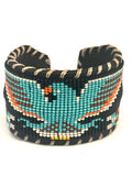 Unisex Leather Beaded Wide Cuff Bracelet / Bead Work, Eagle Design