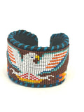 Unisex Leather Beaded Wide Cuff Bracelet / Bead Work, Eagle Design