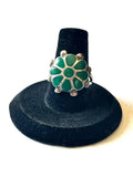 Sz 7.5 Vintage Native American Green Turquoise Inlay, Sterling Silver Ring