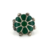Sz 7.5 Vintage Native American Green Turquoise Inlay, Sterling Silver Ring
