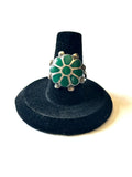 Sz 7.5 Vintage Native American Green Turquoise Inlay, Sterling Silver Ring
