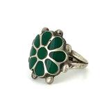 Sz 7.5 Vintage Native American Green Turquoise Inlay, Sterling Silver Ring