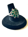 Sz 7.5 Vintage Native American Green Turquoise Inlay, Sterling Silver Ring