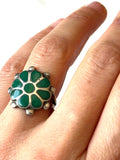 Sz 7.5 Vintage Native American Green Turquoise Inlay, Sterling Silver Ring