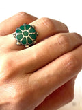 Sz 7.5 Vintage Native American Green Turquoise Inlay, Sterling Silver Ring