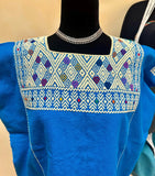 Vintage Guatemalan Huipil Poncho, Handwoven Blue Textile Size L