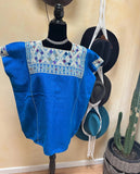 Vintage Guatemalan Huipil Poncho, Handwoven Blue Textile Size L