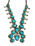 Vintage Sterling Silver  & Natural Morenci Turquoise Squash Blossom Necklace