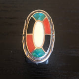 Size 6.5 Vintage Zuni Multi Stone Inlay Sterling Silver Ring #A045