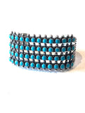 Vtg Zuni Sterling Silver 4 Rows Turquoise Snake Eye Petit Point Cuff Bracelet