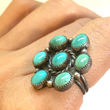 Size 7.25 Vintage Native American Sterling Silver & Turquoise Cluster Ring A006