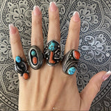Size 8.5 Old Pawn Navajo 2 Stone Natural  Coral & Turquoise Sterling Men's Ring A031