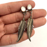 Vintage Southwest Sterling Silver & Mother of Pearl Earrings, Feather Design (E009)